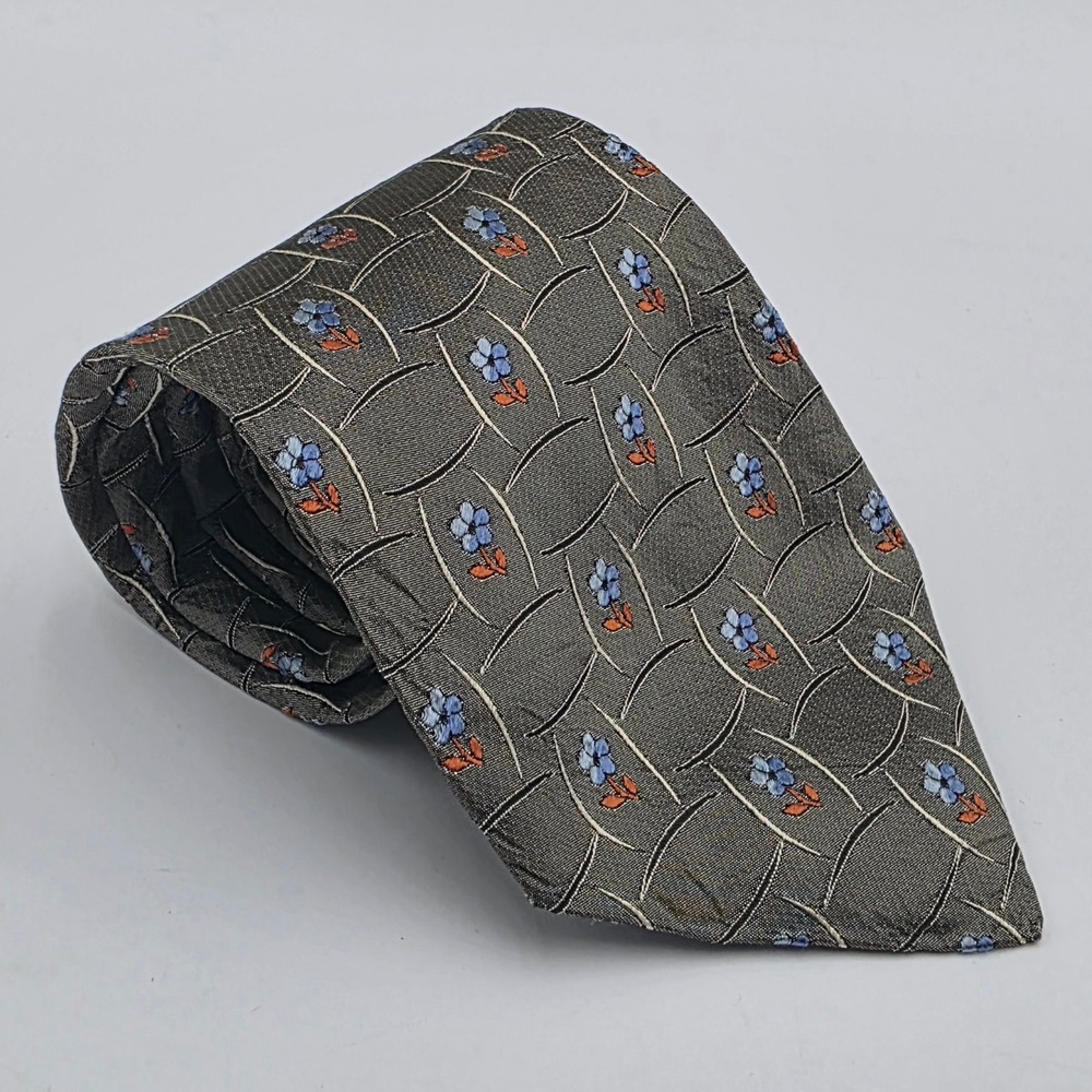 Tino Cosma Italy Men's Silk Tie Olive Green Blue Floral Geometric Woven 3.75"